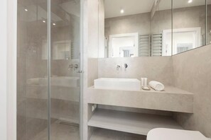 Shower, hair dryer, towels, shampoo