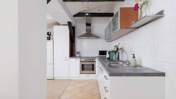 Frigorífico, microondas, horno y placa de cocina