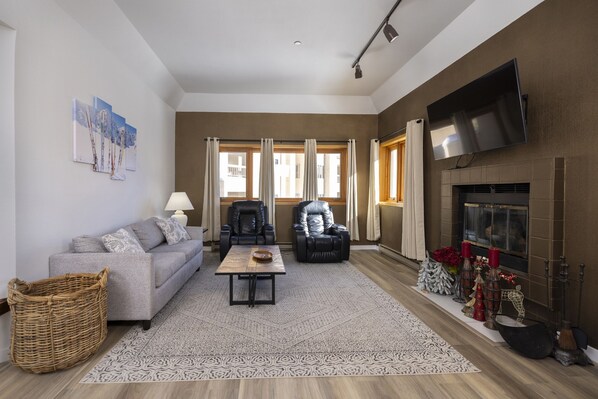 TV, fireplace, books