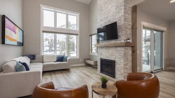 TV, caminetto, libri