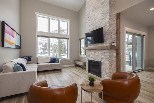 テレビ、暖炉、書庫