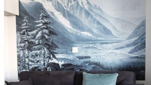 Un sofà de color fosc amb un coixí blau clar en una habitació amb un mural gran que representa un paisatge de muntanya.