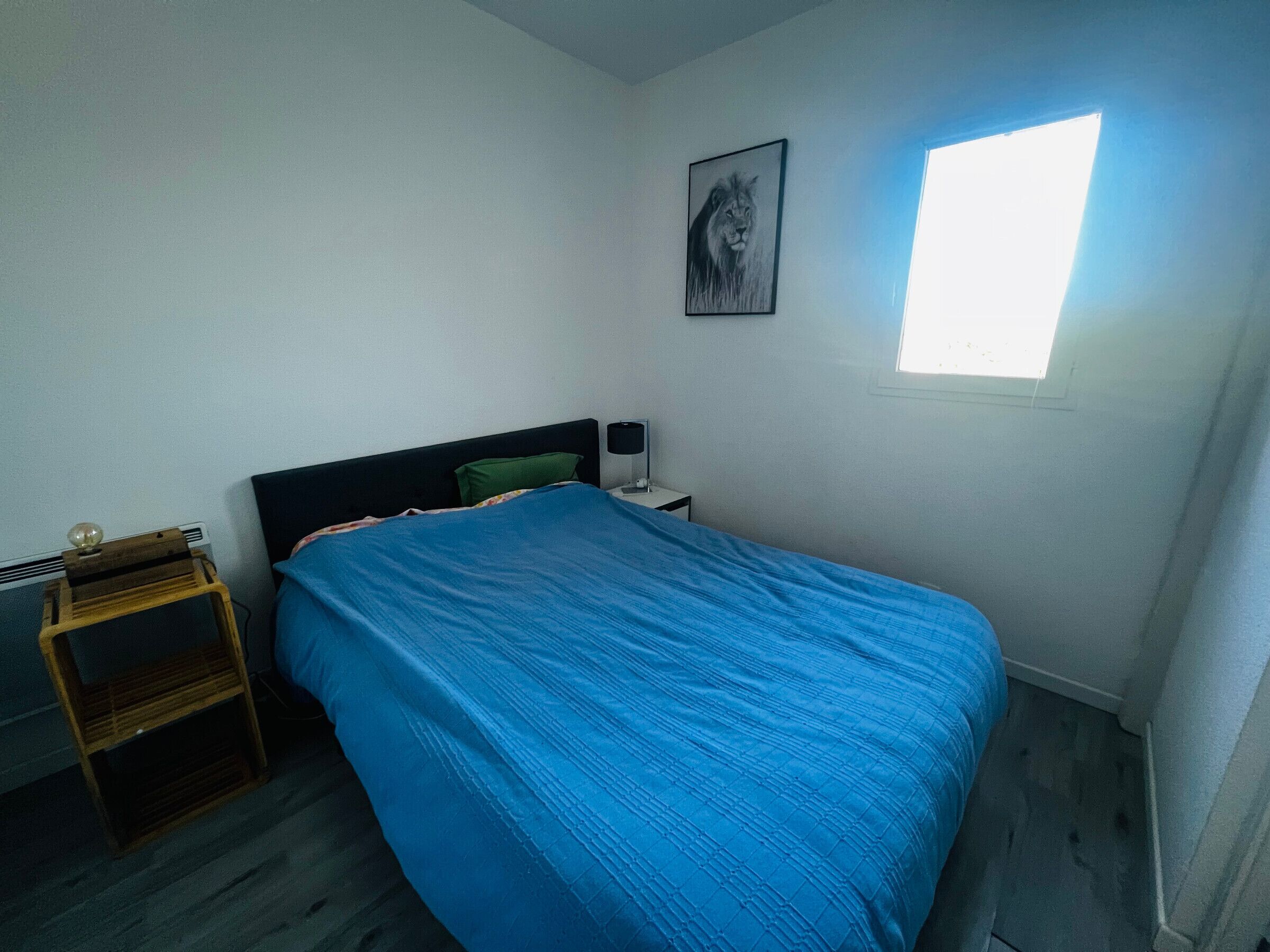 Une chambre à coucher avec un lit, une table de chevet, une lampe, un tableau encadré au mur et une fenêtre.
