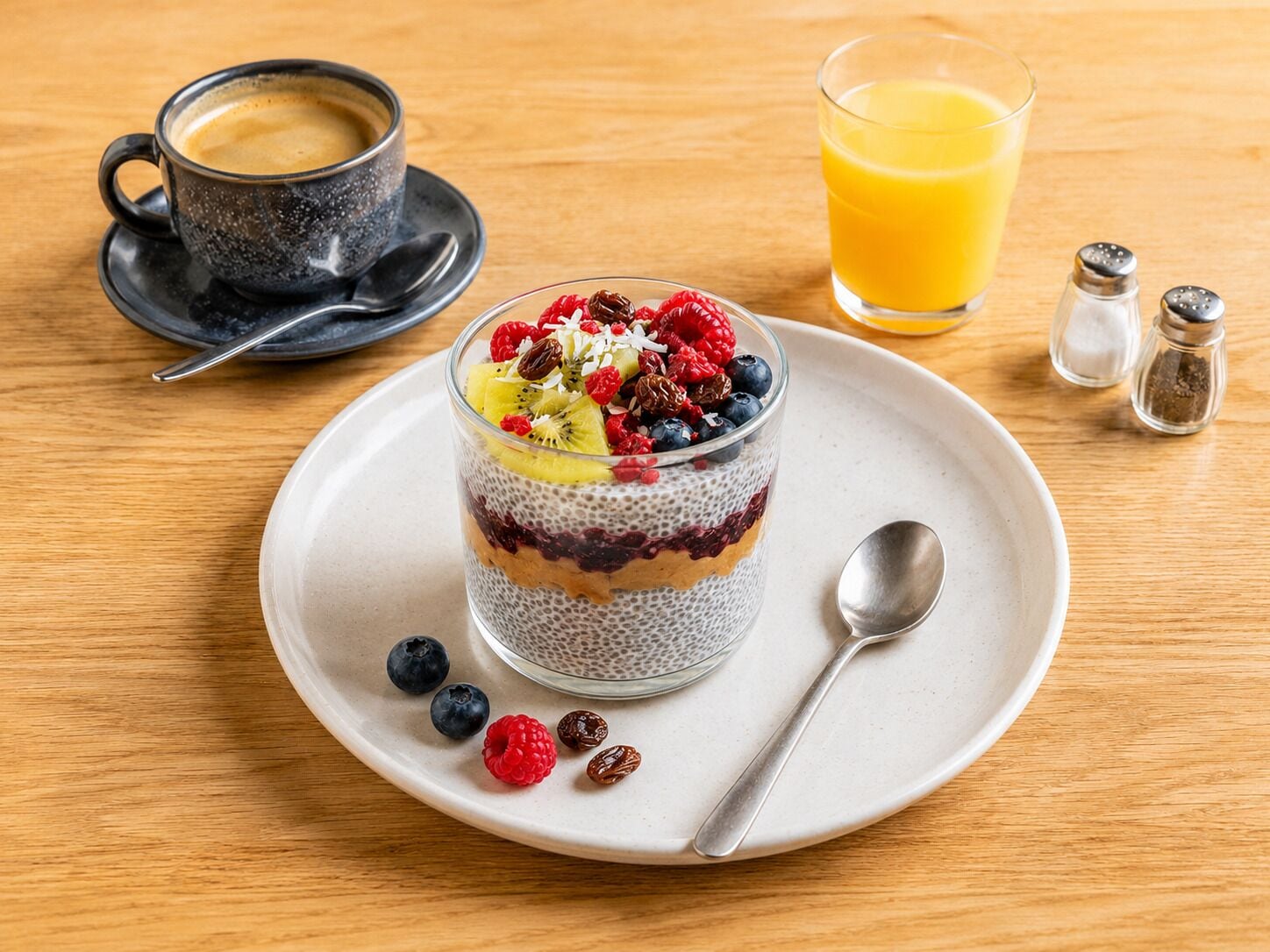 A layered chia pudding dessert with fruits and nuts on a plate, a cup of coffee, and a glass of orange juice on a wooden table.