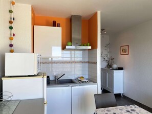 Fridge, microwave, stovetop, coffee/tea maker