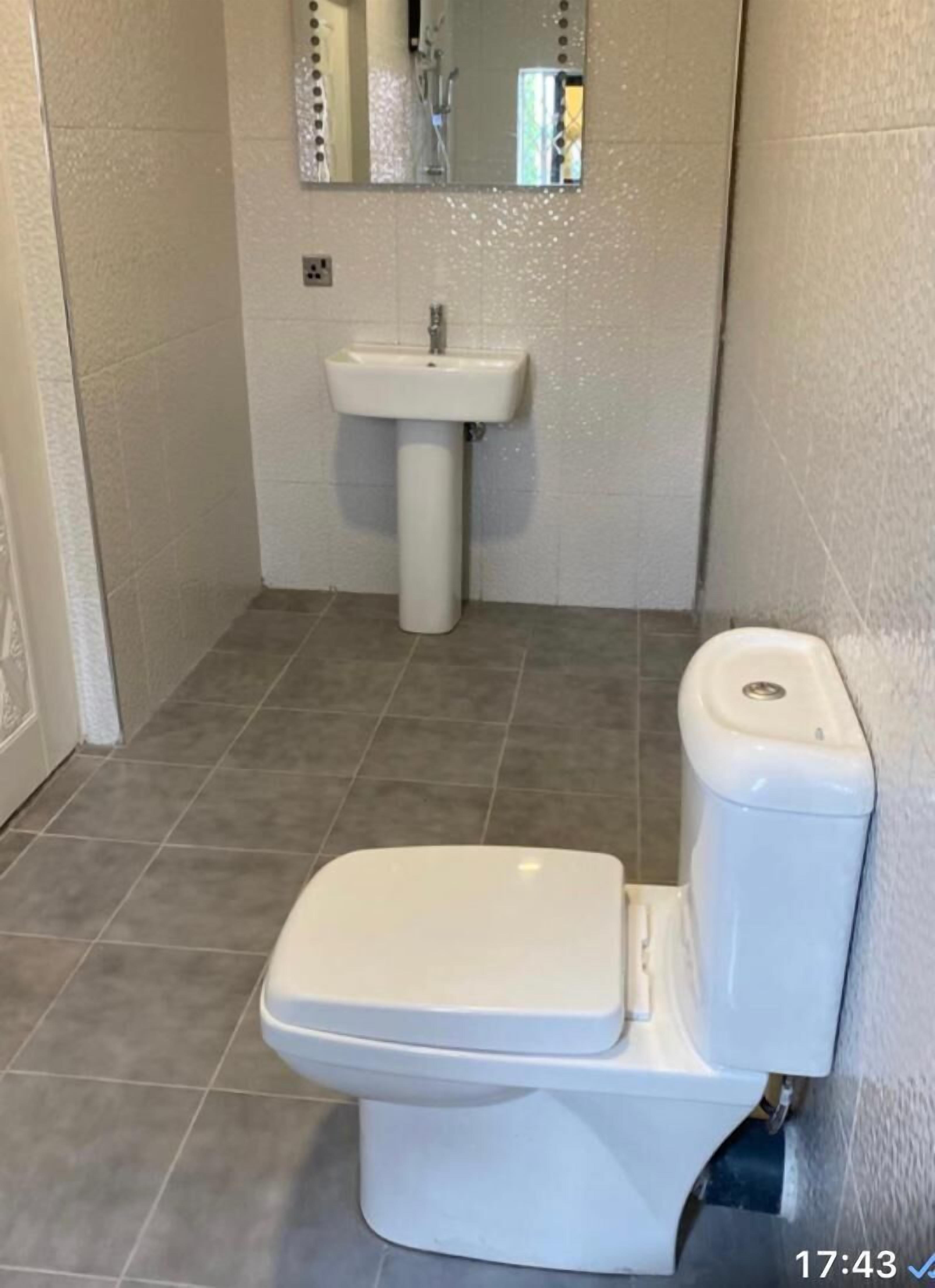 Een badkamer met toilet, wastafel en spiegel.