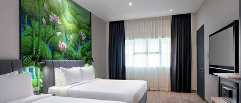 A hotel room with two beds, a large wall mural, a TV, and a window with curtains.