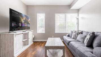 A living room with a TV on a white cabinet, a gray sofa, and two windows with blinds.