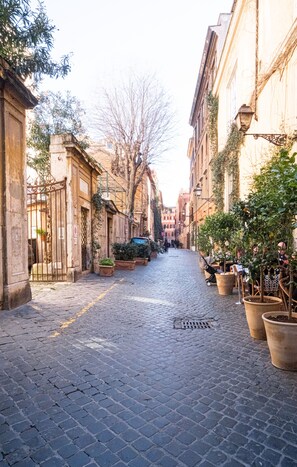 Una calle adoquinada flanqueada por edificios históricos, plantas en macetas y zonas de estar al aire libre.