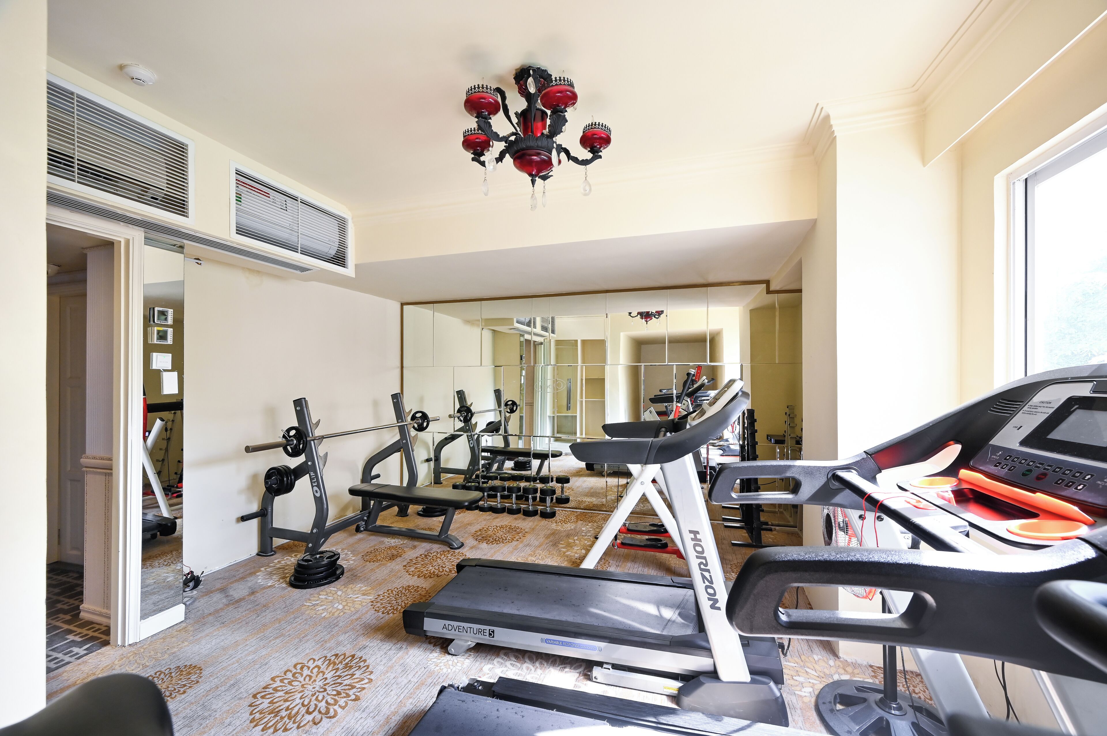 A home gym with treadmills, weight machines, and a large mirror.