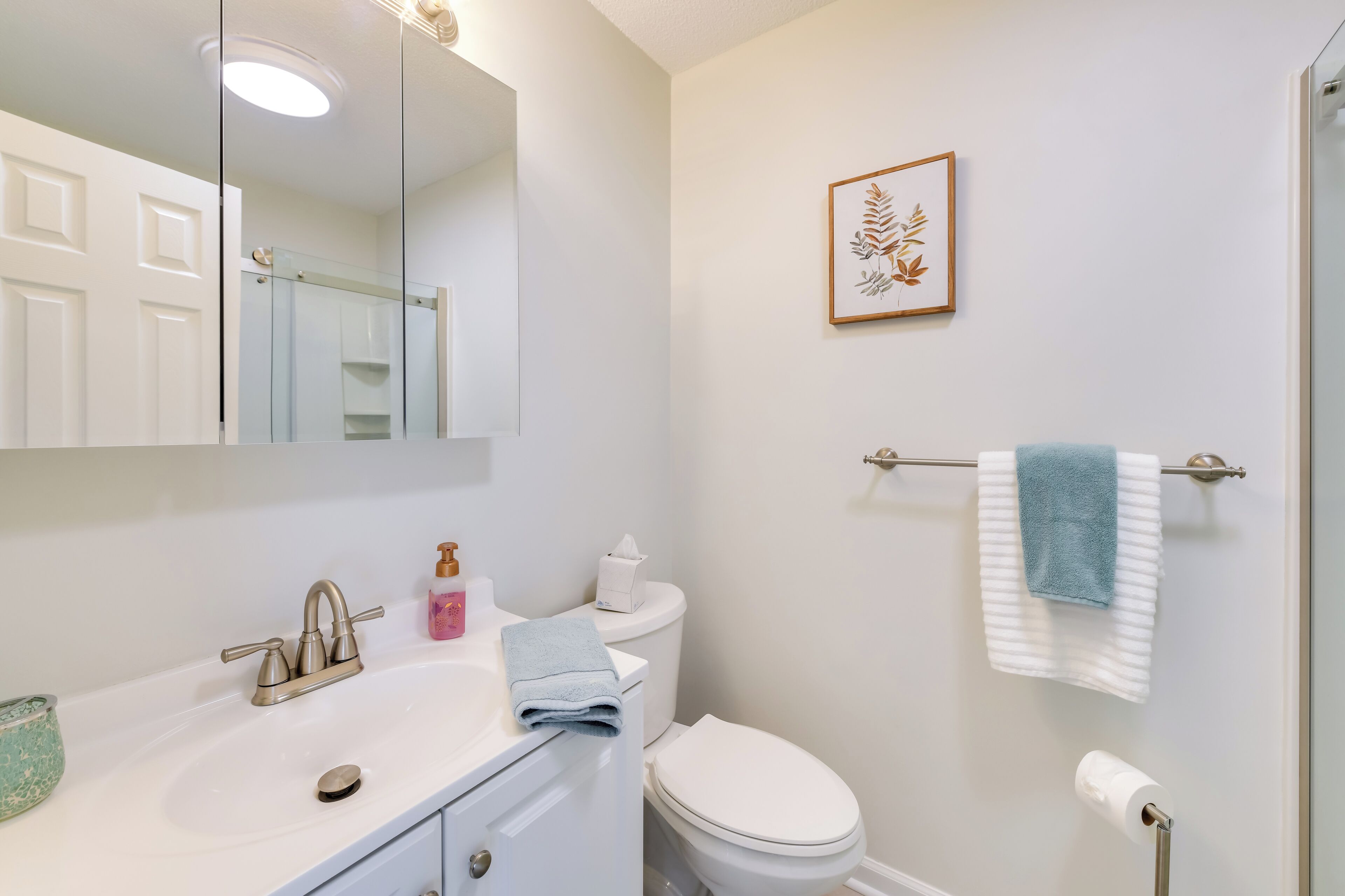 A bathroom with a white sink, a toilet, a mirror, and a framed plant on the wall.