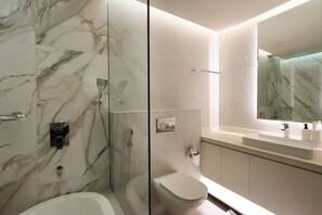 Shower, hair dryer, towels