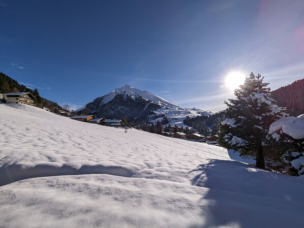 A snow-covered mountain with a clear sky and a bright sun.