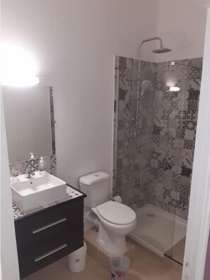 Bathroom features a sink, mirror, vanity with drawers, toilet, and shower with glass door.