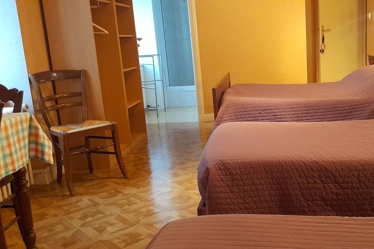 Una habitación con dos camas, una silla de madera, una mesa con mantel a cuadros y un televisor sobre un mueble de madera.