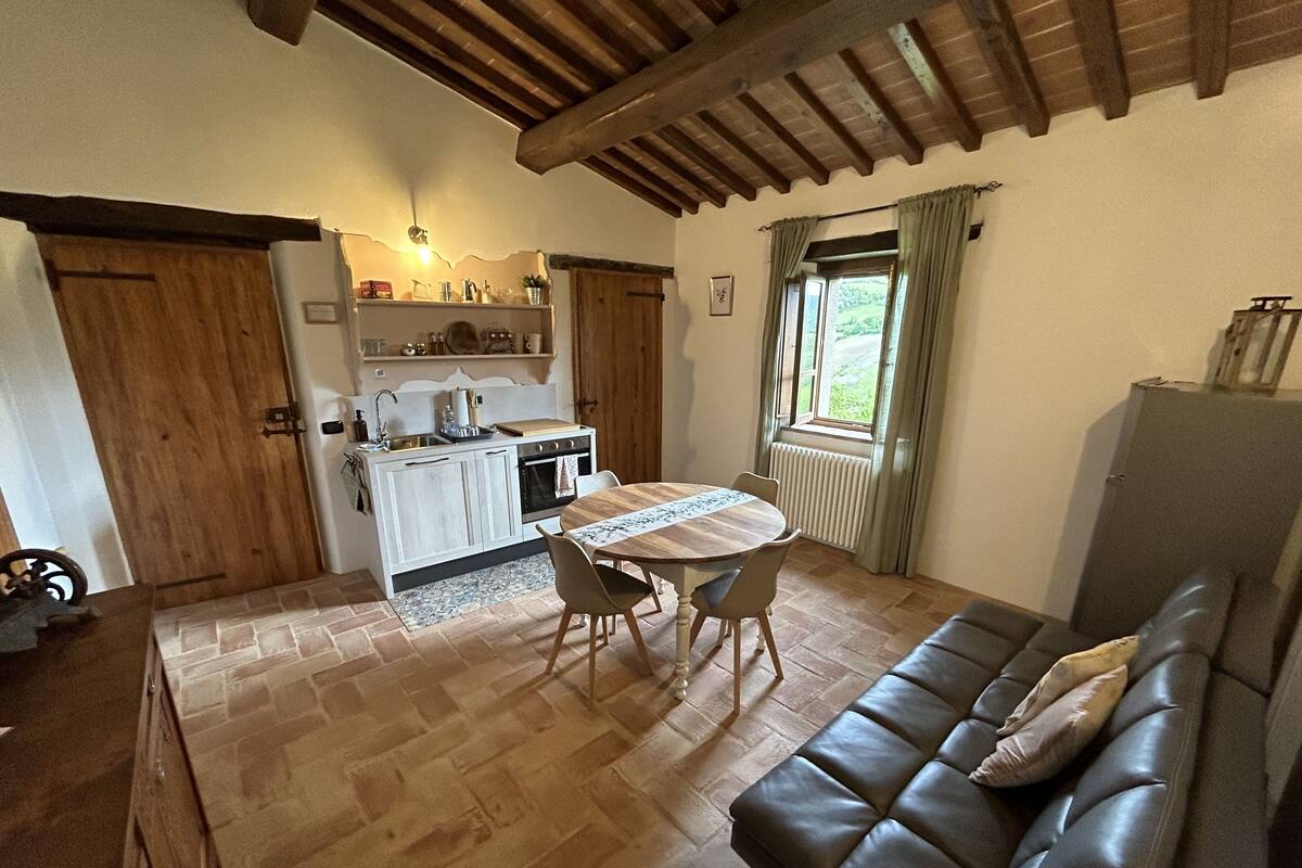 Una sala de estar acogedora con un sofá y una mesa de comedor, una cocina con estufa y armarios, y un ventanal con cortinas.