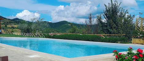 Seasonal outdoor pool, pool umbrellas, sun loungers