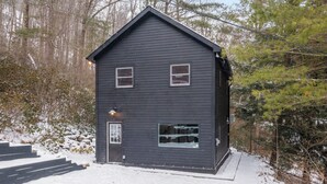 A two-story house with a dark exterior, a front door, and two windows on the second floor.