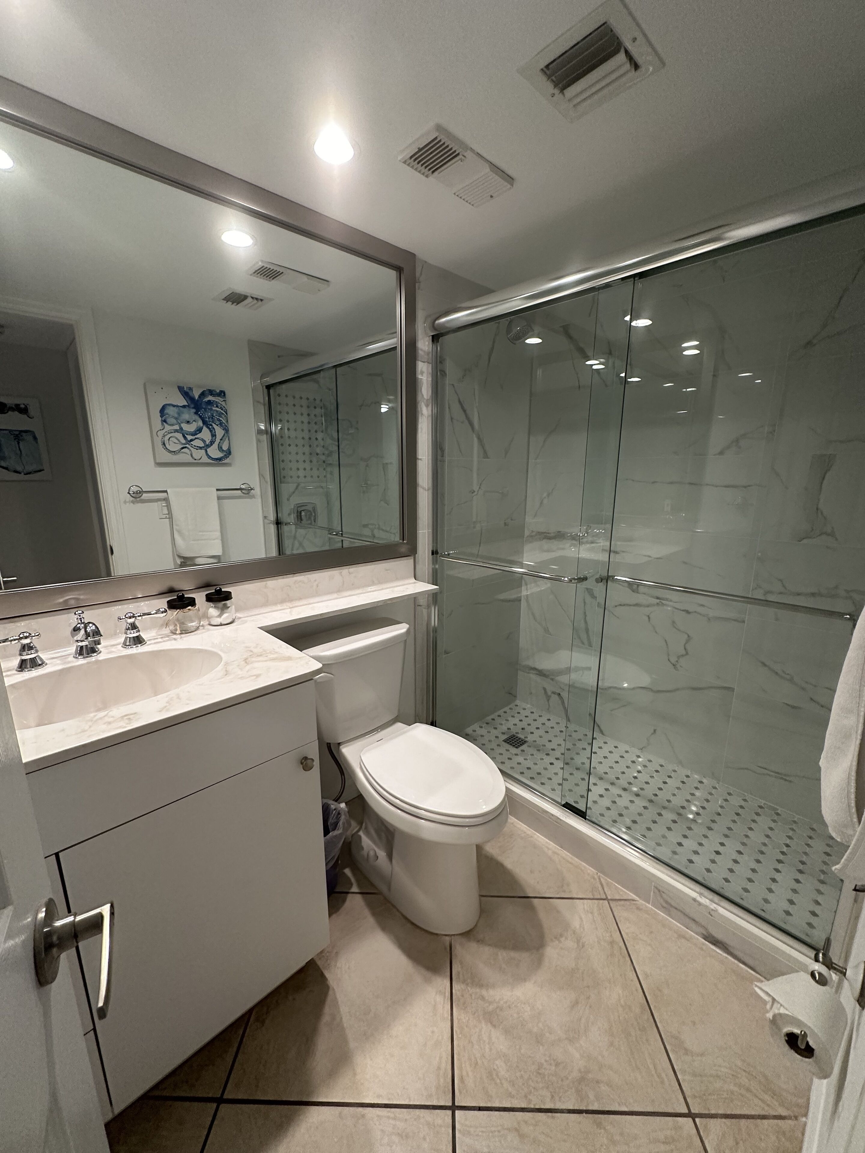 Une salle de bain moderne avec une douche à parois de verre, un lavabo blanc et des toilettes.