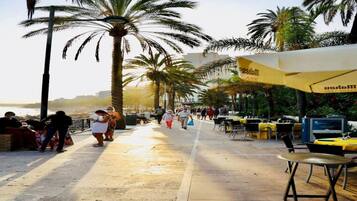 A coastal promenade with palm trees, outdoor seating, and a view of the sea.