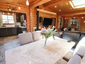 Cozy cabin interior with a modern kitchen and dining area featuring a stove, stainless steel sink, and comfortable seating.