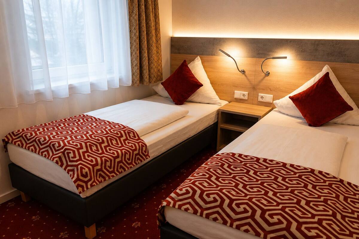 Ein Hotelzimmer mit zwei Einzelbetten, einem Nachttisch, einer Wandlampe und einem Fenster mit durchsichtigen Vorhängen.