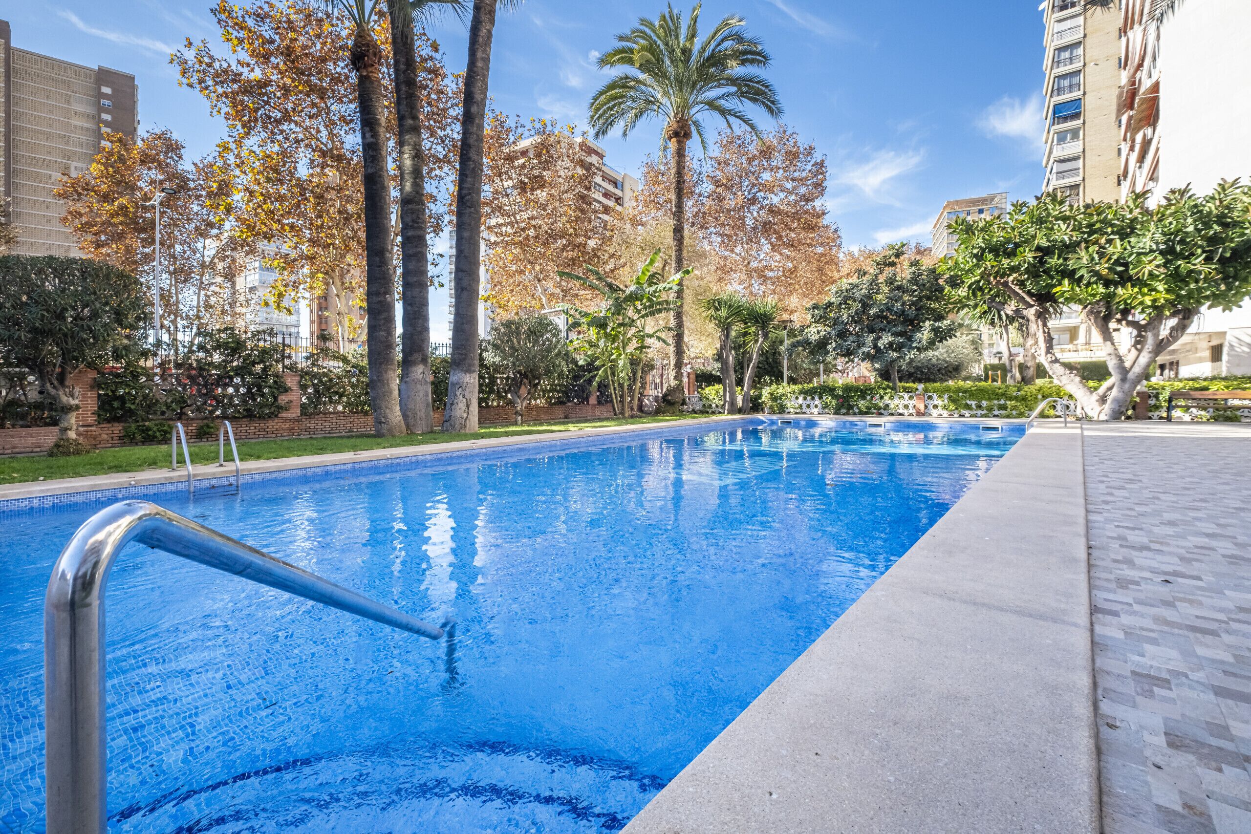 A swimming pool with clear blue water, surrounded by trees and buildings.