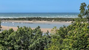 A coastal landscape with a beach, boats, and greenery.