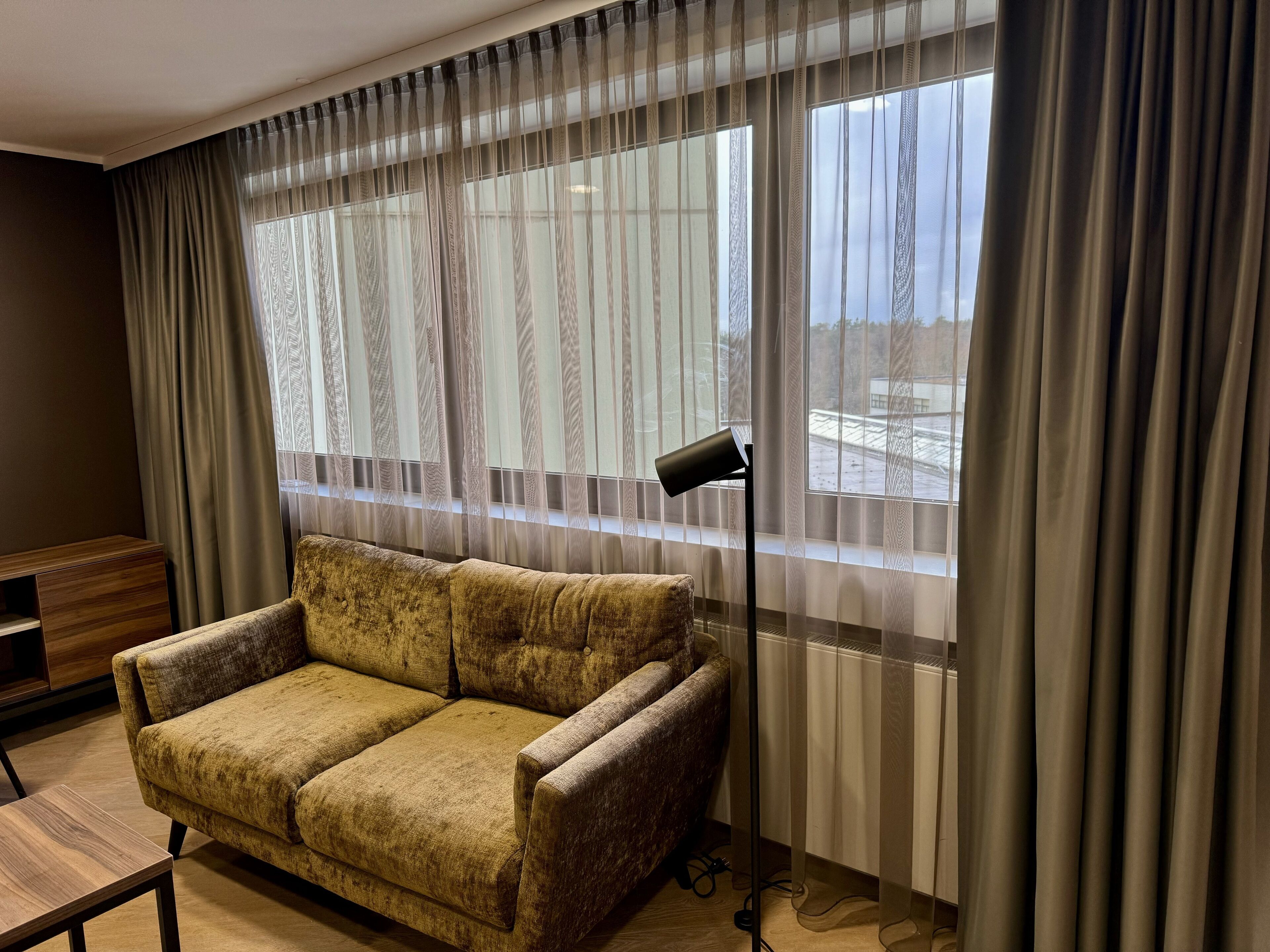 A living room with a sofa, a floor lamp, and a window with sheer curtains.