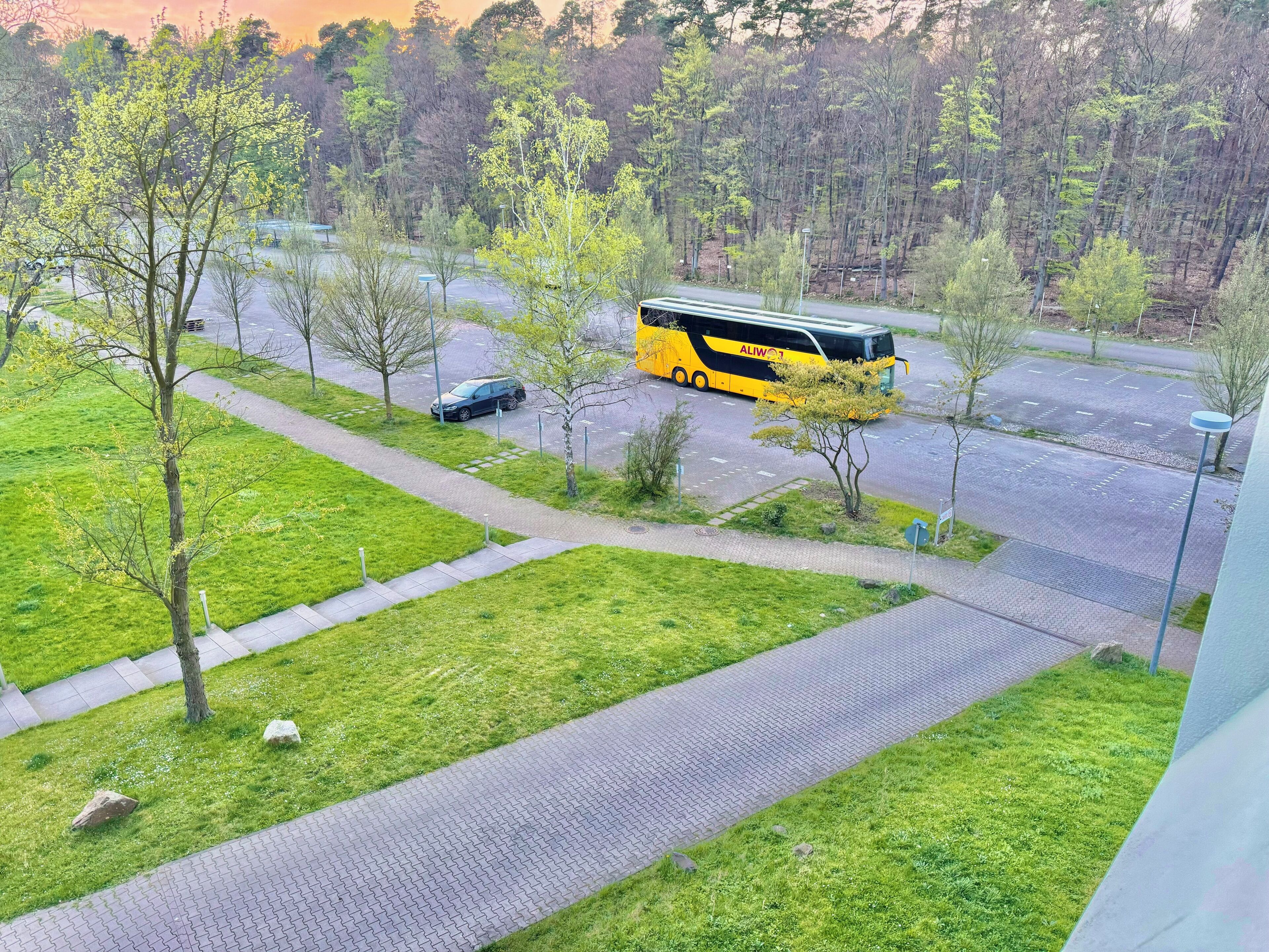 A bus parked in a parking lot with a grassy area and trees in the background.