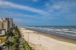 A beach with a road lined with palm trees and buildings.