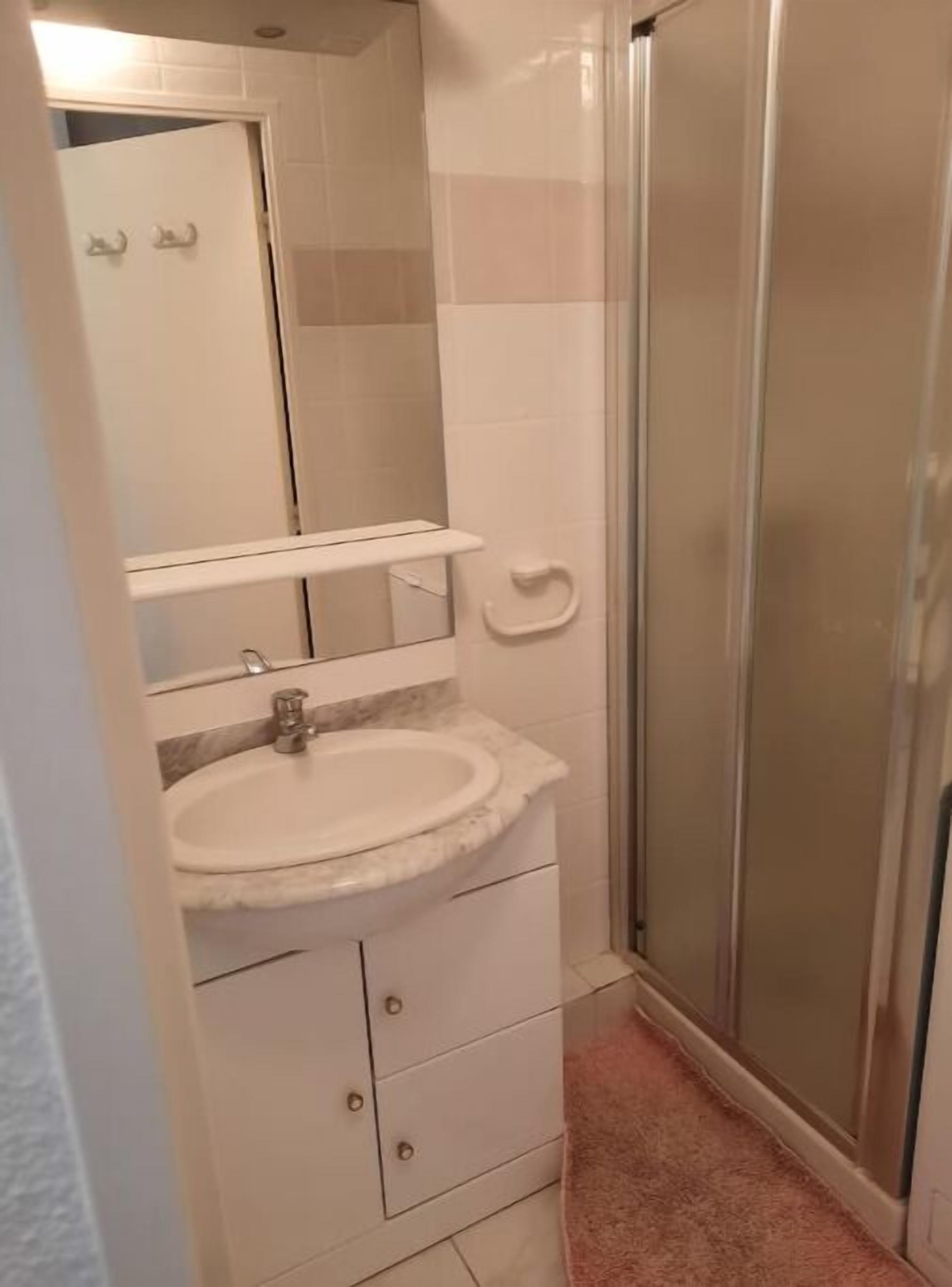 Ein Badezimmer mit Waschbecken, Spiegel und Dusche.