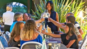 Un grupo de personas brindando con copas de vino en un área de comedor al aire libre, con sillas y mesas.