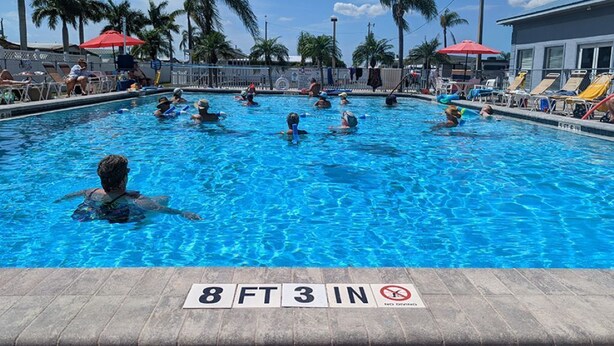 A swimming pool with a depth marker of 8 ft 3 in, surrounded by palm trees and lounge chairs.