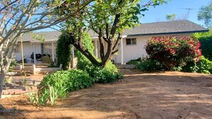 Uma casa com varanda coberta, um jardim com diversas plantas e um arbusto de flores vermelhas.