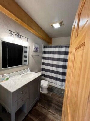 Hair dryer, towels, soap, shampoo
