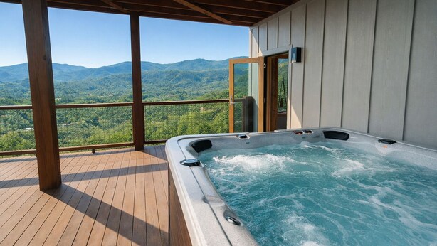 Ein Whirlpool auf einer Holzterrasse mit Blick auf die Berge.