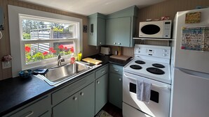 Une cuisine équipée d’un évier à deux bacs, d’un four à micro-ondes, d’une cuisinière et de placards.