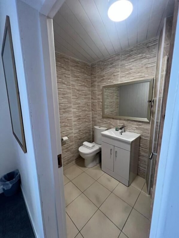 Un baño con inodoro, lavabo y espejo.