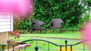Two wicker chairs in a garden with a hedge in the background.