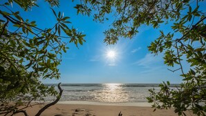 A beach with a clear sky, sun shining, and trees framing the view. - Perfect Studio Kitchen Beautiful Pool Close to beach Avellanas AC PetFriendly (Guanacaste Province)