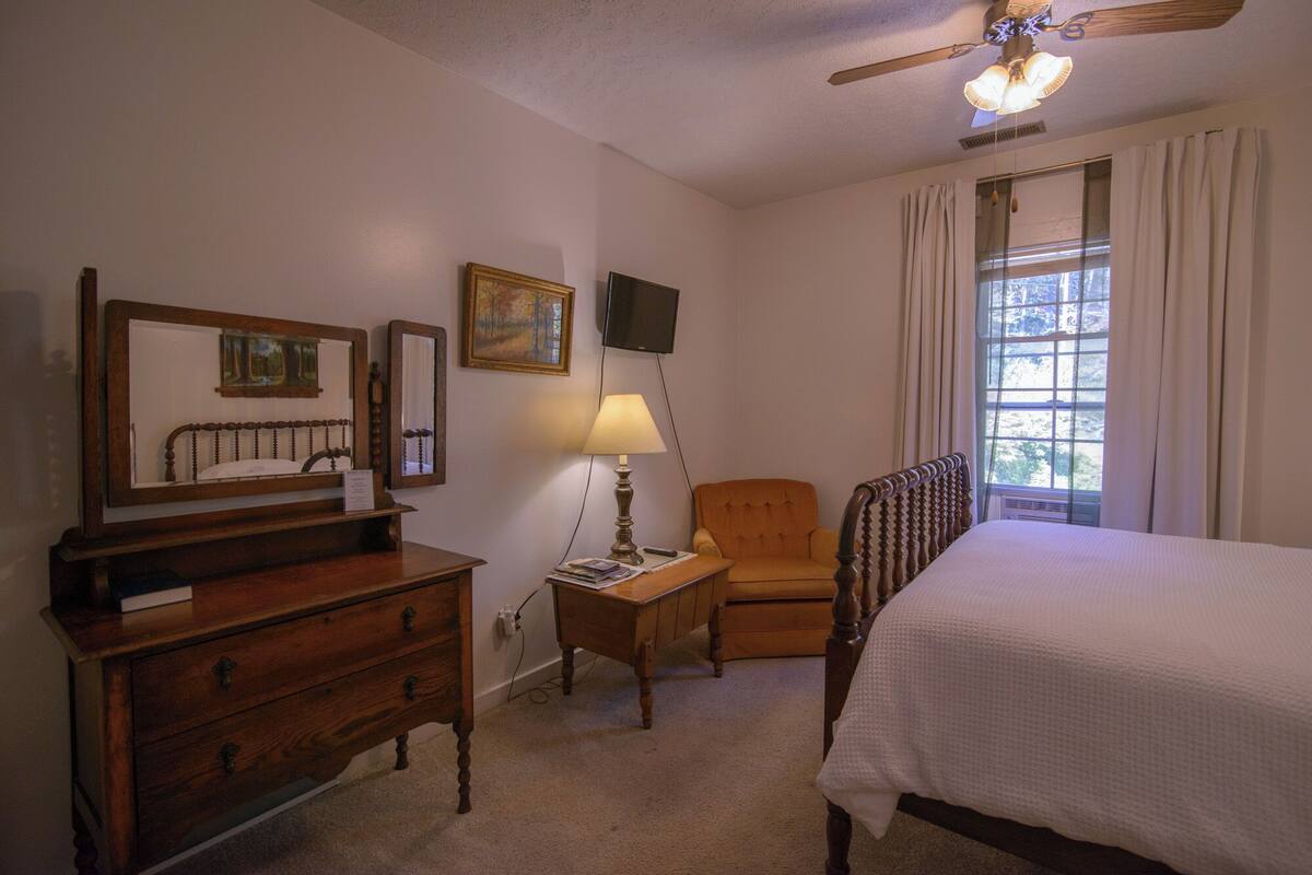 A hotel room with a bed, a wooden dresser, a chair, a desk with a lamp, a television, and a window with curtains.