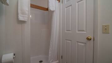 A bathroom with a shower, a toilet, and a door.