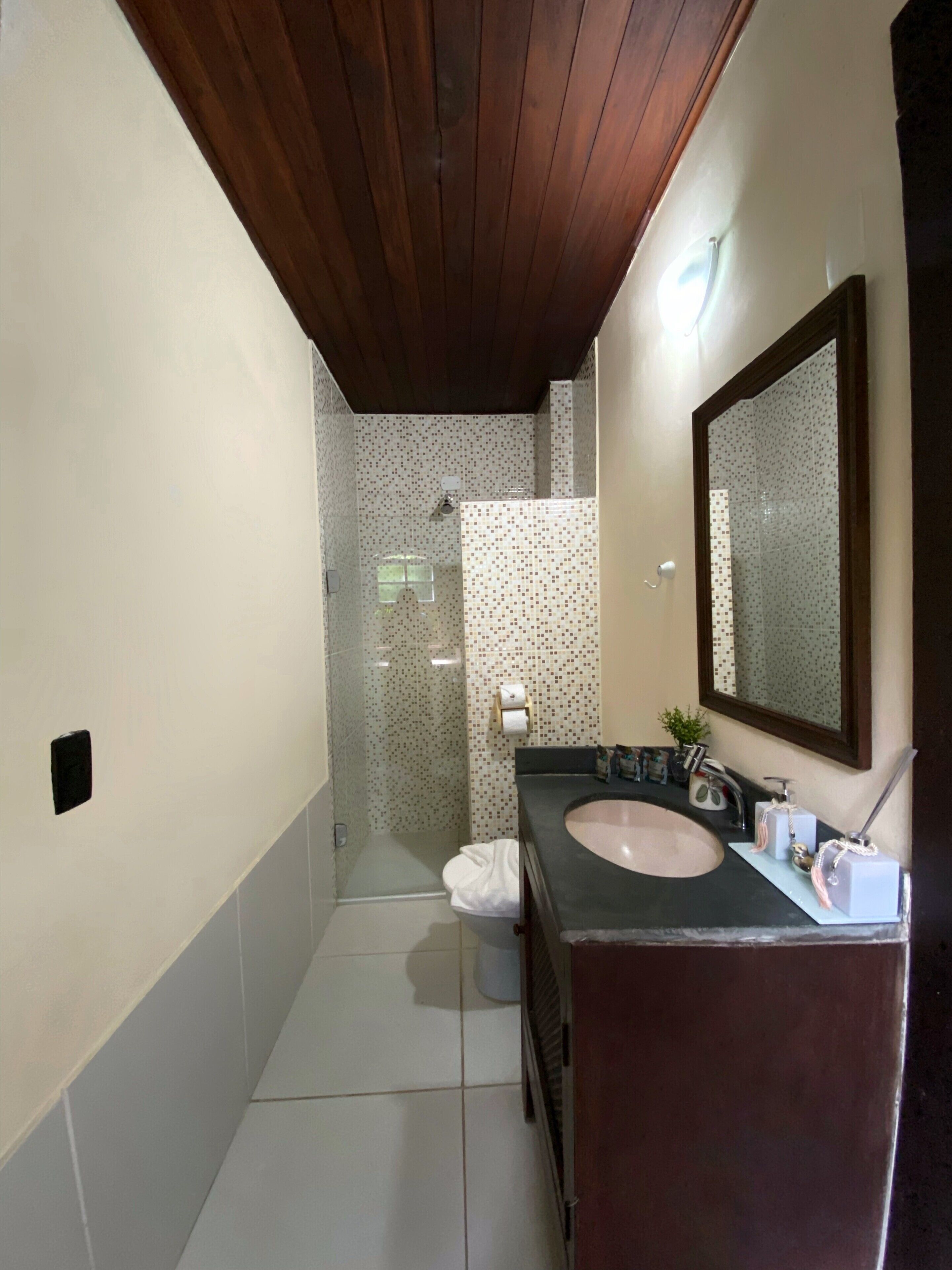 A bathroom with a wooden ceiling, a shower with a glass door, a sink with a mirror, and a toilet.