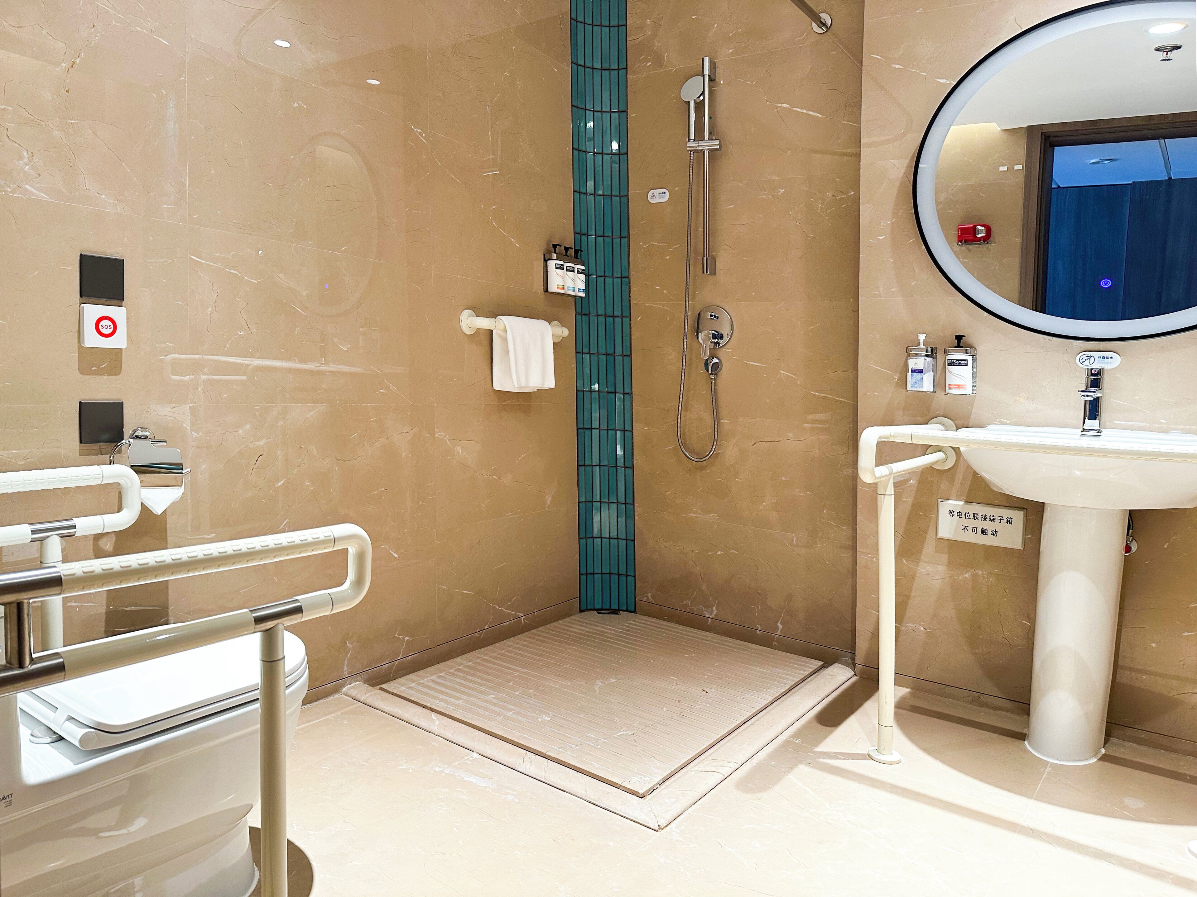 A bathroom with a shower, a sink, a mirror, and a handrail.