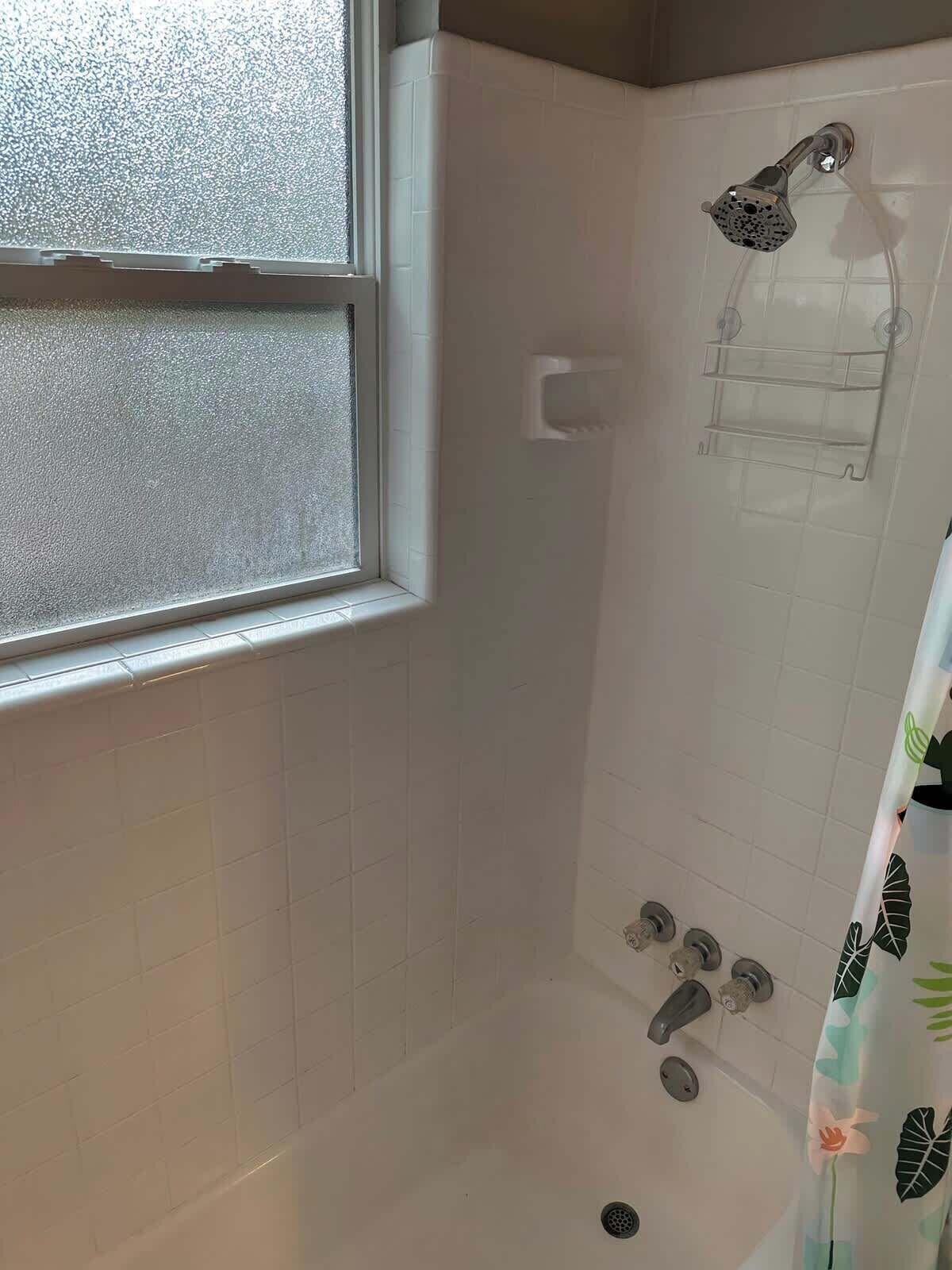 Shower, hair dryer, towels, shampoo