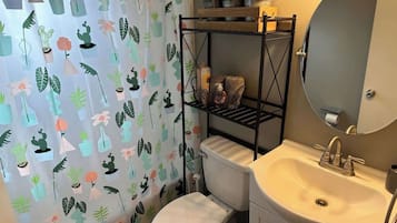 Shower, hair dryer, towels, shampoo