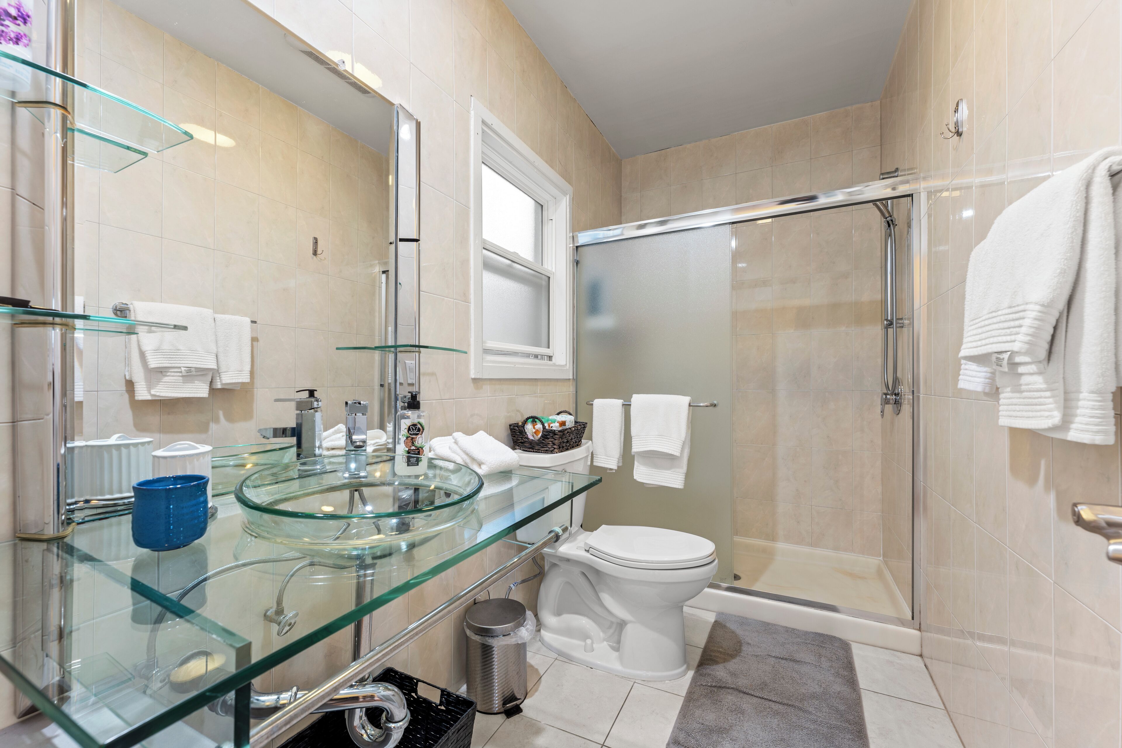 Shower, hair dryer, bidet, towels