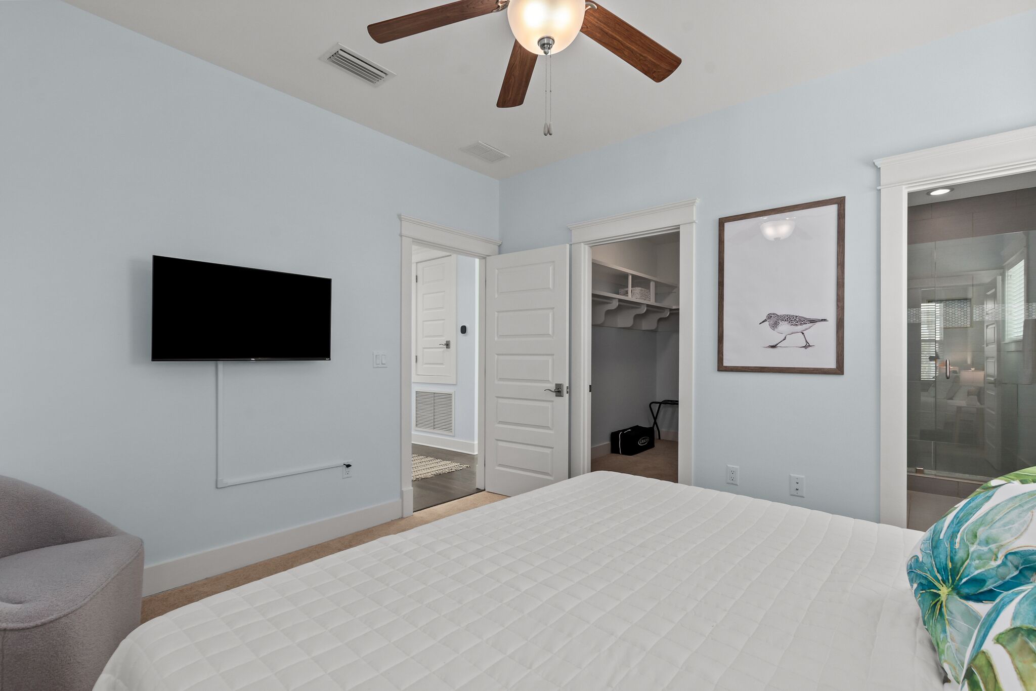 A bedroom with a bed, a ceiling fan, a TV, a closet, and a framed picture on the wall.