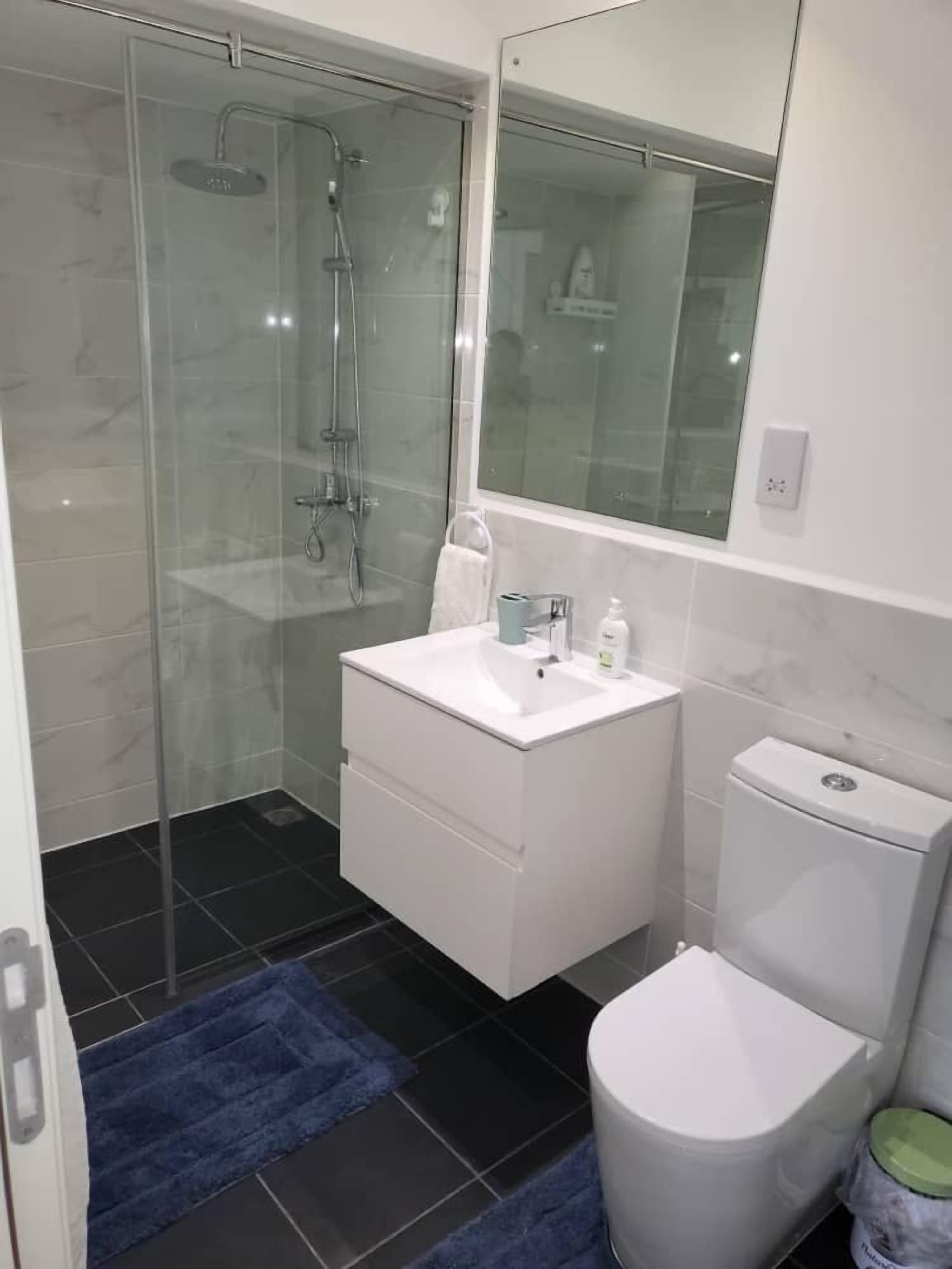 A modern bathroom with a glass-enclosed shower, a white sink, and a toilet.